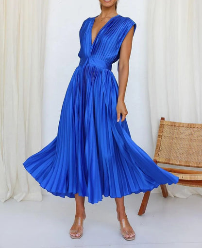 Elegant Dresses- Elegant Satin Pleated Tie-Back Plunge Midi Dress- - Pekosa Women Clothing