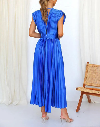 Elegant Dresses- Elegant Satin Pleated Tie-Back Plunge Midi Dress- - Pekosa Women Clothing