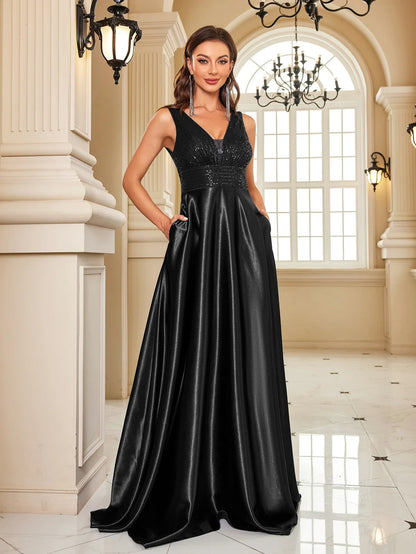 Elegant Dresses- Satin & Sequin Gown for Elegant Evenings- Black- Pekosa Women Fashion