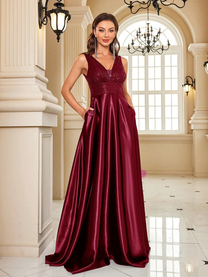 Elegant Dresses- Satin & Sequin Gown for Elegant Evenings- Burgundy- Pekosa Women Fashion