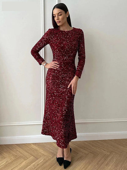 Elegant Dresses - Elegant Sequin Sparkle Winter Midi Dress