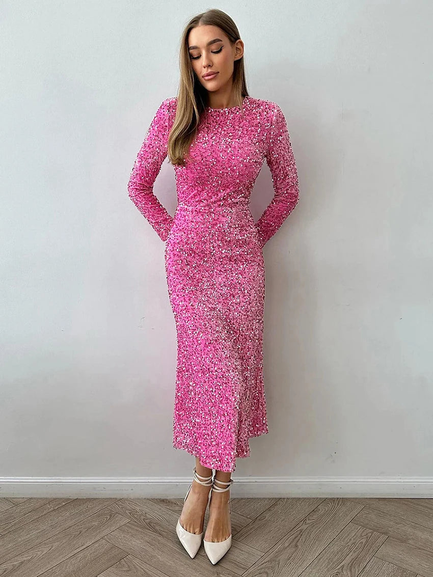 Elegant Dresses - Elegant Sequin Sparkle Winter Midi Dress