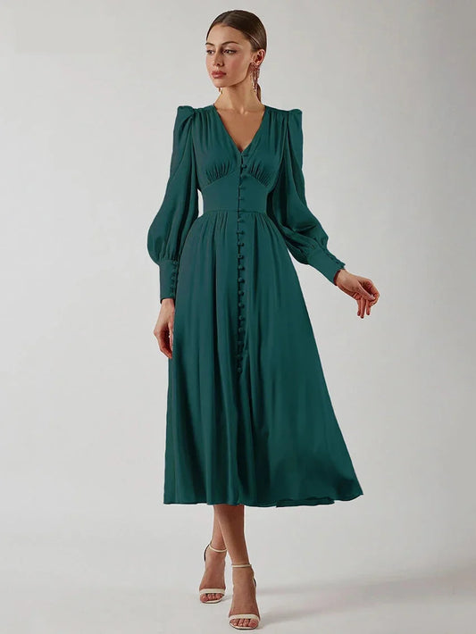 Elegant Dresses- Elegant Teal Mid-Length Dress for Evening Receptions- Dark Green- Pekosa Women Fashion