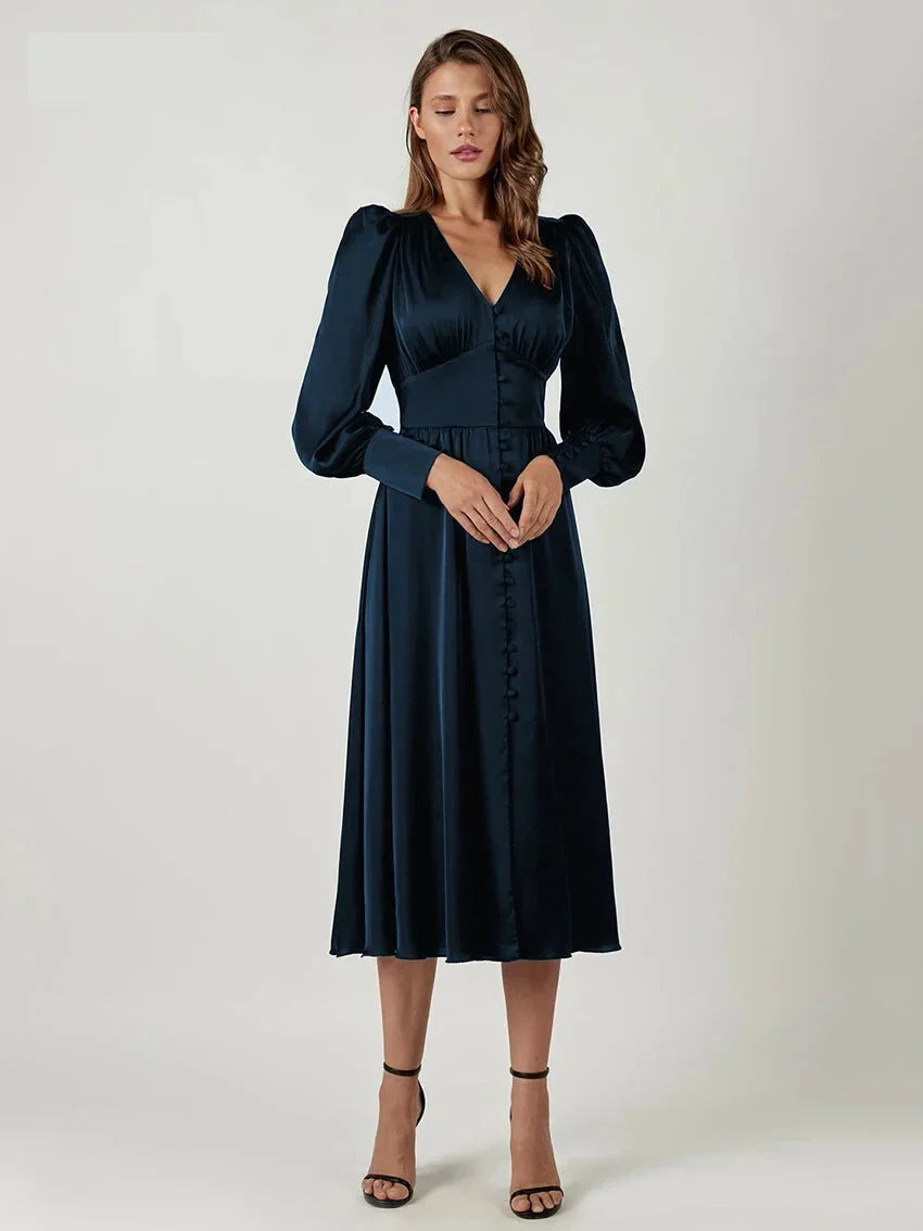 Elegant Dresses- Elegant Teal Mid-Length Dress for Evening Receptions- Dark Blue- Pekosa Women Fashion