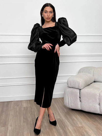 Elegant Dresses - Elegant Velvet Midi Dress for Gala and Cocktail Evenings