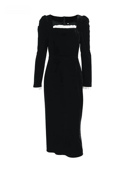 Elegant Dresses - Elegant Velvet Midi Dress with Puff Sleeves