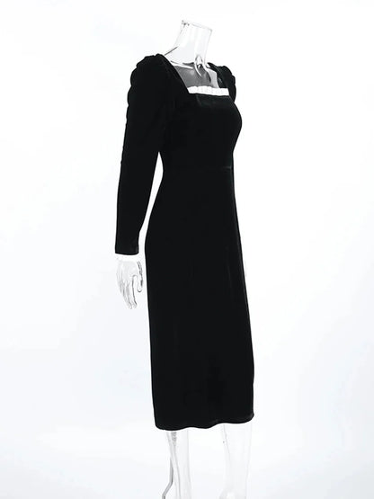 Elegant Dresses - Elegant Velvet Midi Dress with Puff Sleeves