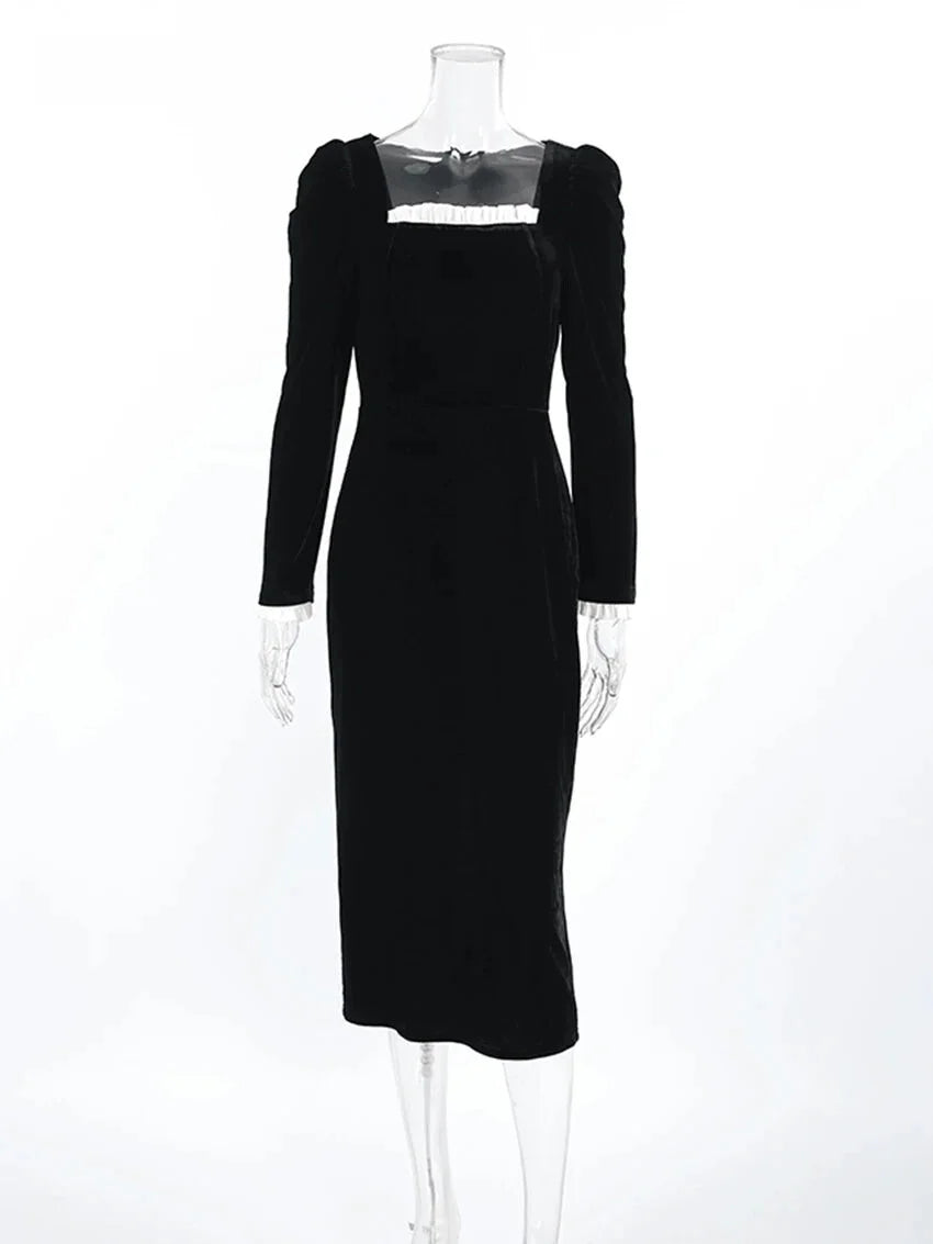 Elegant Dresses - Elegant Velvet Midi Dress with Puff Sleeves