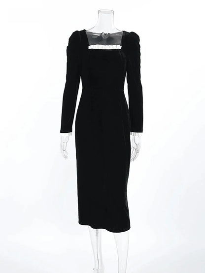 Elegant Dresses - Elegant Velvet Midi Dress with Puff Sleeves