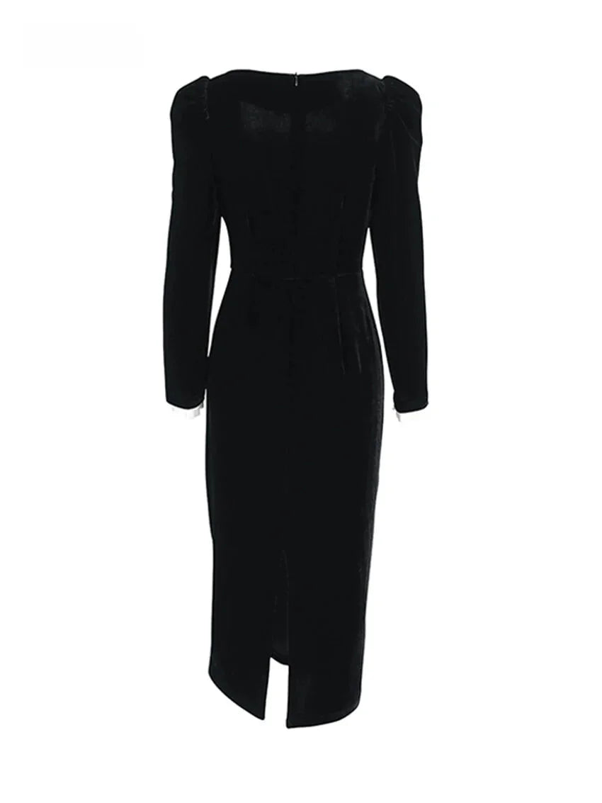 Elegant Dresses - Elegant Velvet Midi Dress with Puff Sleeves