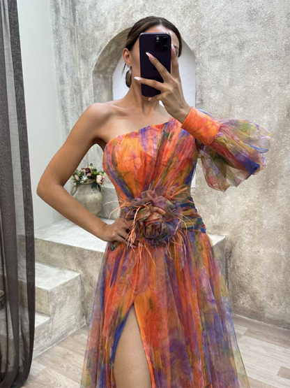 Elegant Dresses - Elegant Watercolor Gown - One-Shoulder Prom Dress