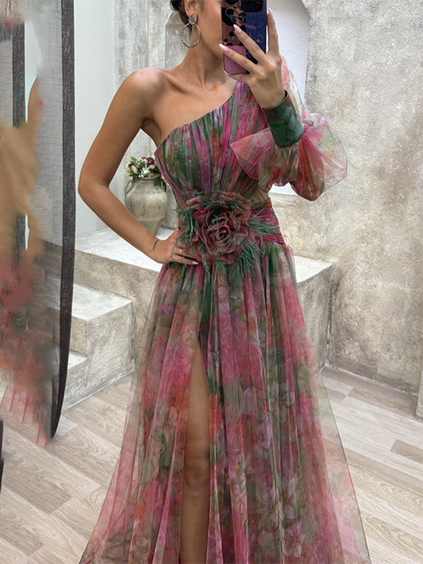 Elegant Dresses - Elegant Watercolor Gown - One-Shoulder Prom Dress