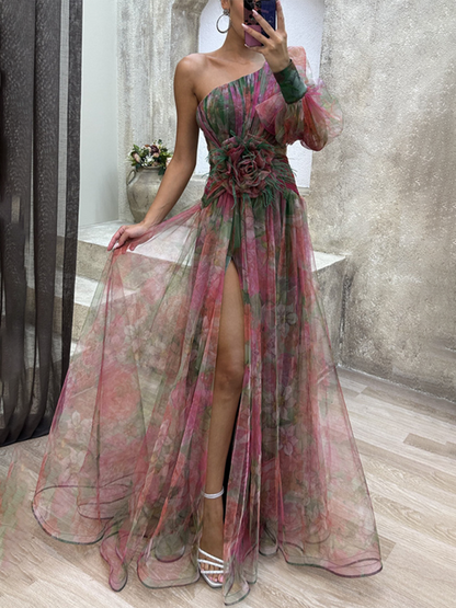 Elegant Dresses - Elegant Watercolor Gown - One-Shoulder Prom Dress