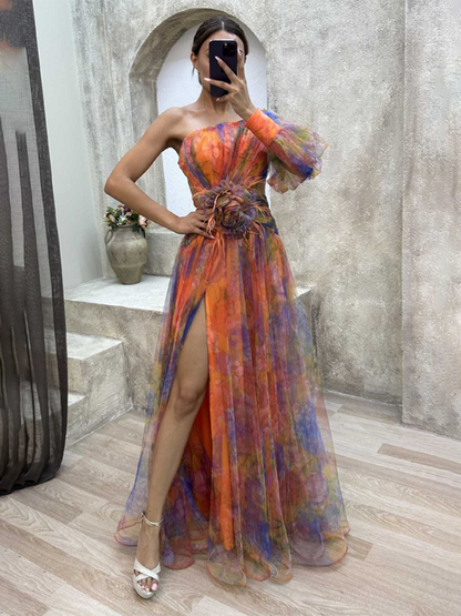 Elegant Dresses - Elegant Watercolor Gown - One-Shoulder Prom Dress