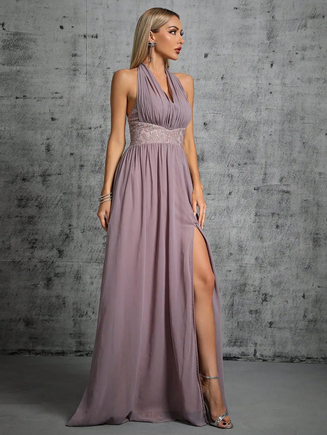 Elegant Dresses - Flowing Lavender Halter Dress for Formal Occasions Evening Gown