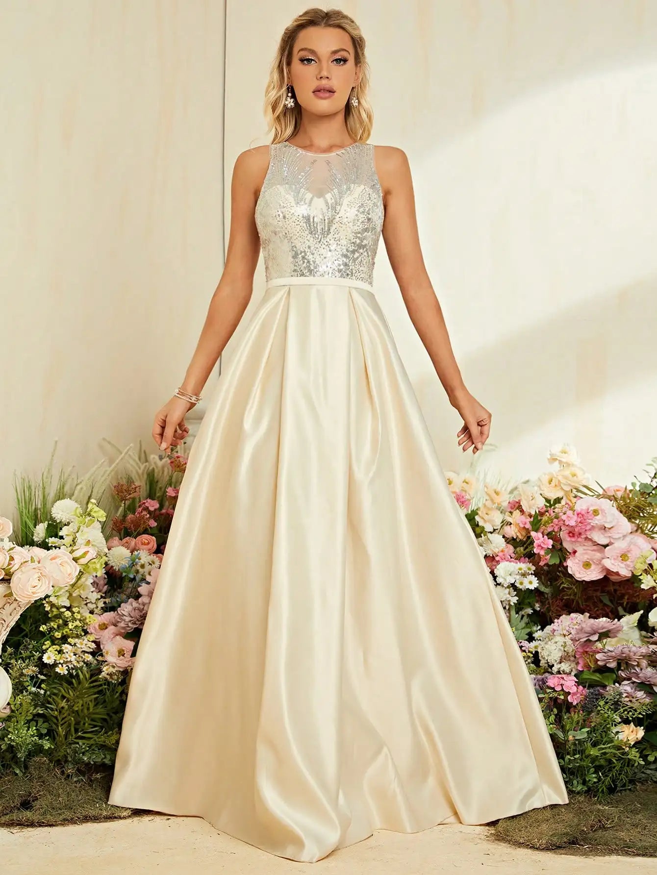 Elegant Dresses - Formal Ivory Dress for Opera Evenings Sequined Gown