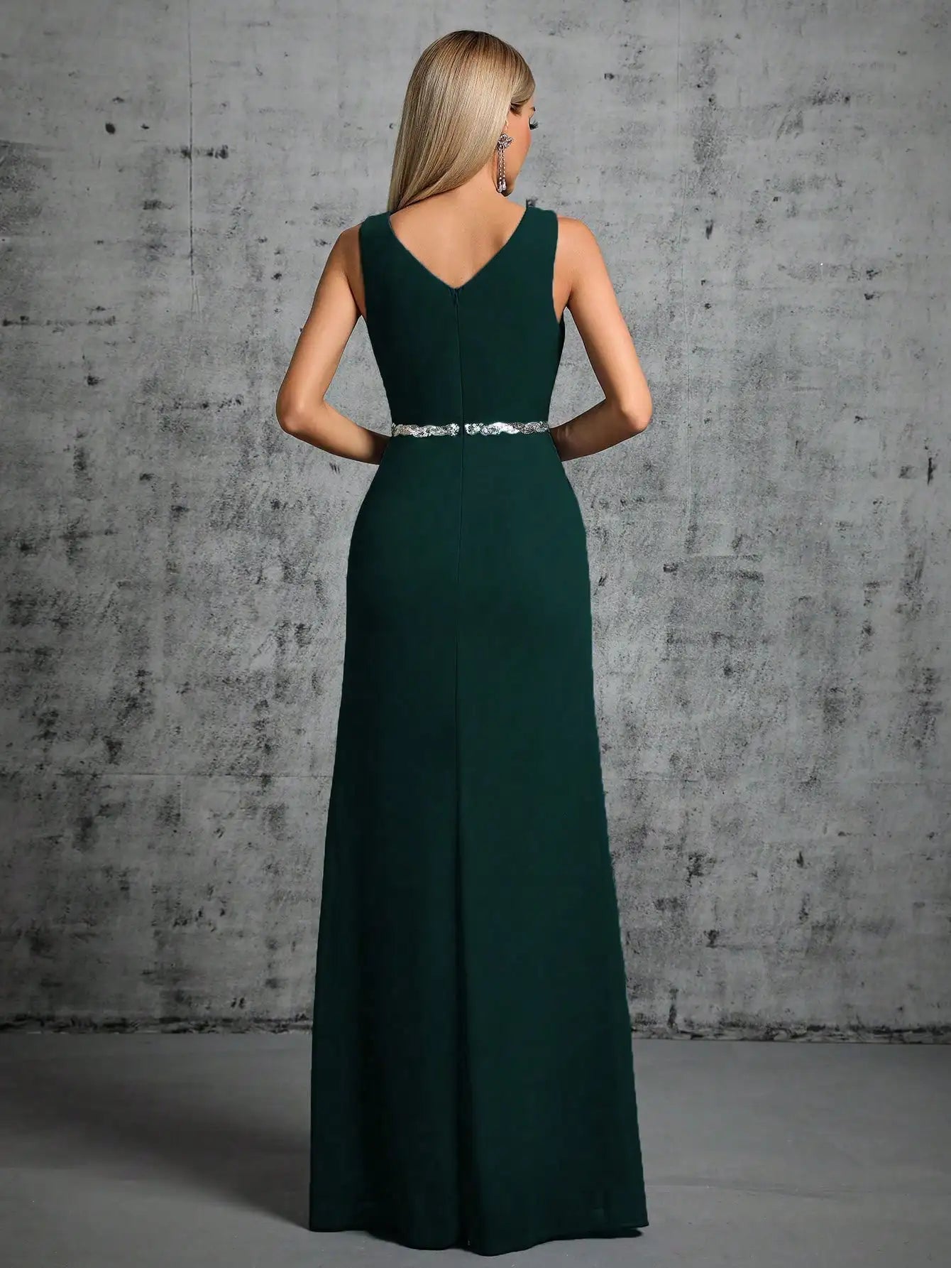 Elegant Dresses - Grecian Draped V-Neck Evening Gown with Rhinestone Belt for Prom