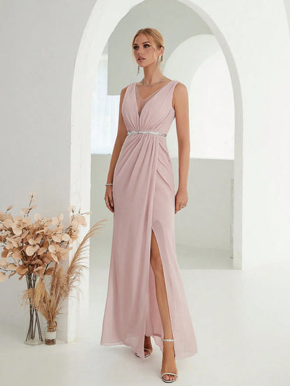 Elegant Dresses - Grecian Draped V-Neck Evening Gown with Rhinestone Belt for Prom