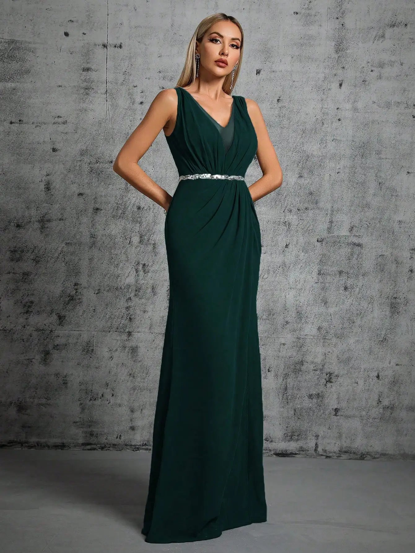 Elegant Dresses - Grecian Draped V-Neck Evening Gown with Rhinestone Belt for Prom