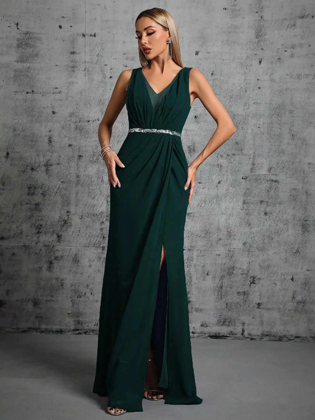 Elegant Dresses - Grecian Draped V-Neck Evening Gown with Rhinestone Belt for Prom