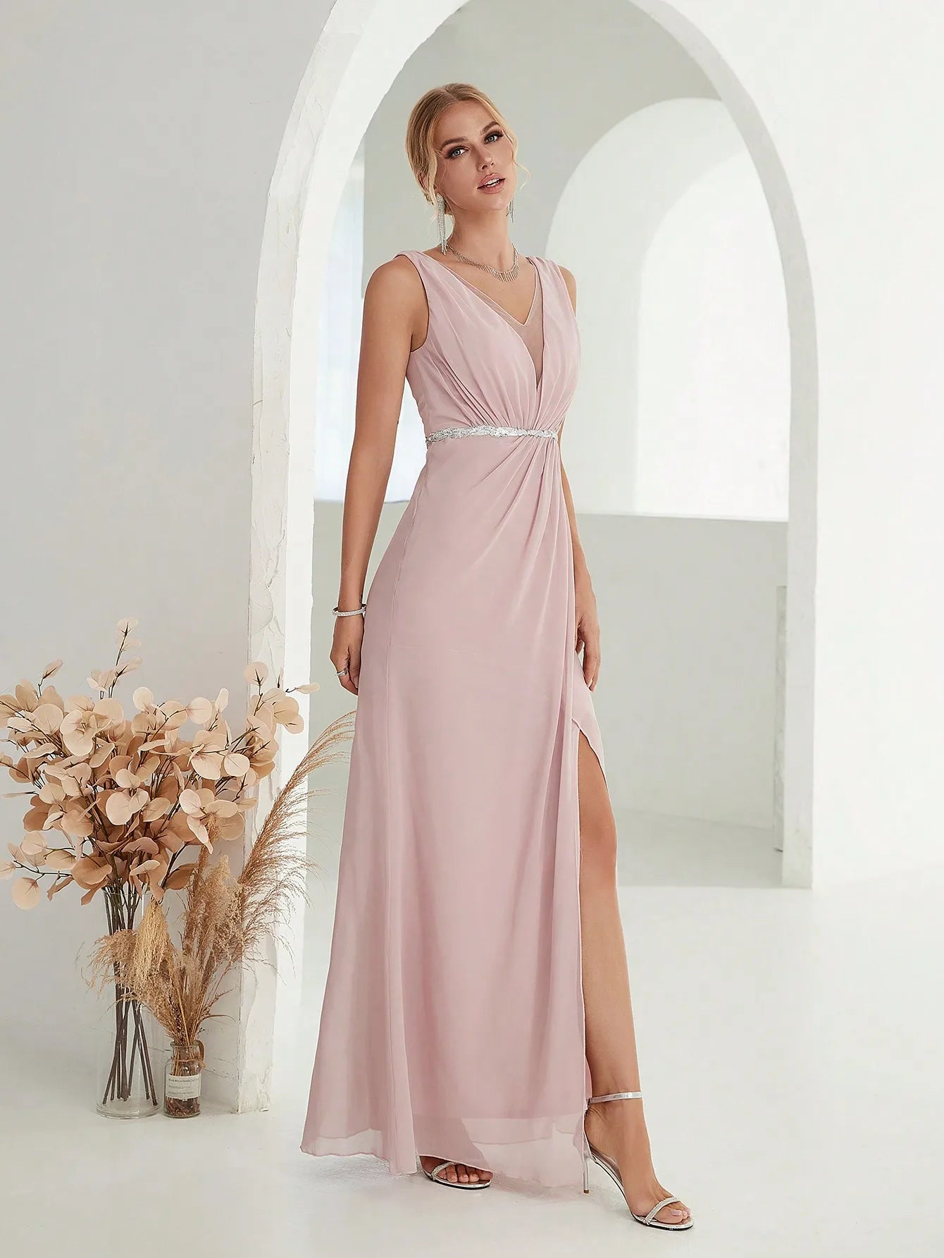 Elegant Dresses - Grecian Draped V-Neck Evening Gown with Rhinestone Belt for Prom