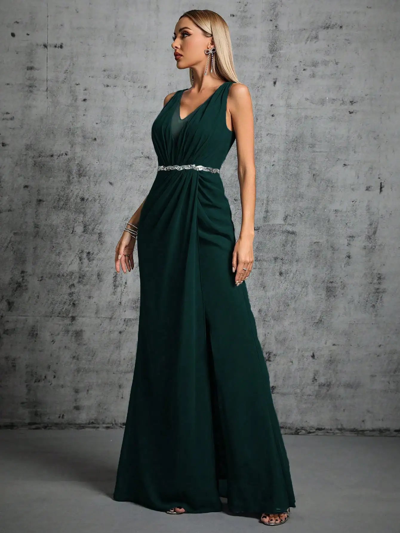 Elegant Dresses - Grecian Draped V-Neck Evening Gown with Rhinestone Belt for Prom