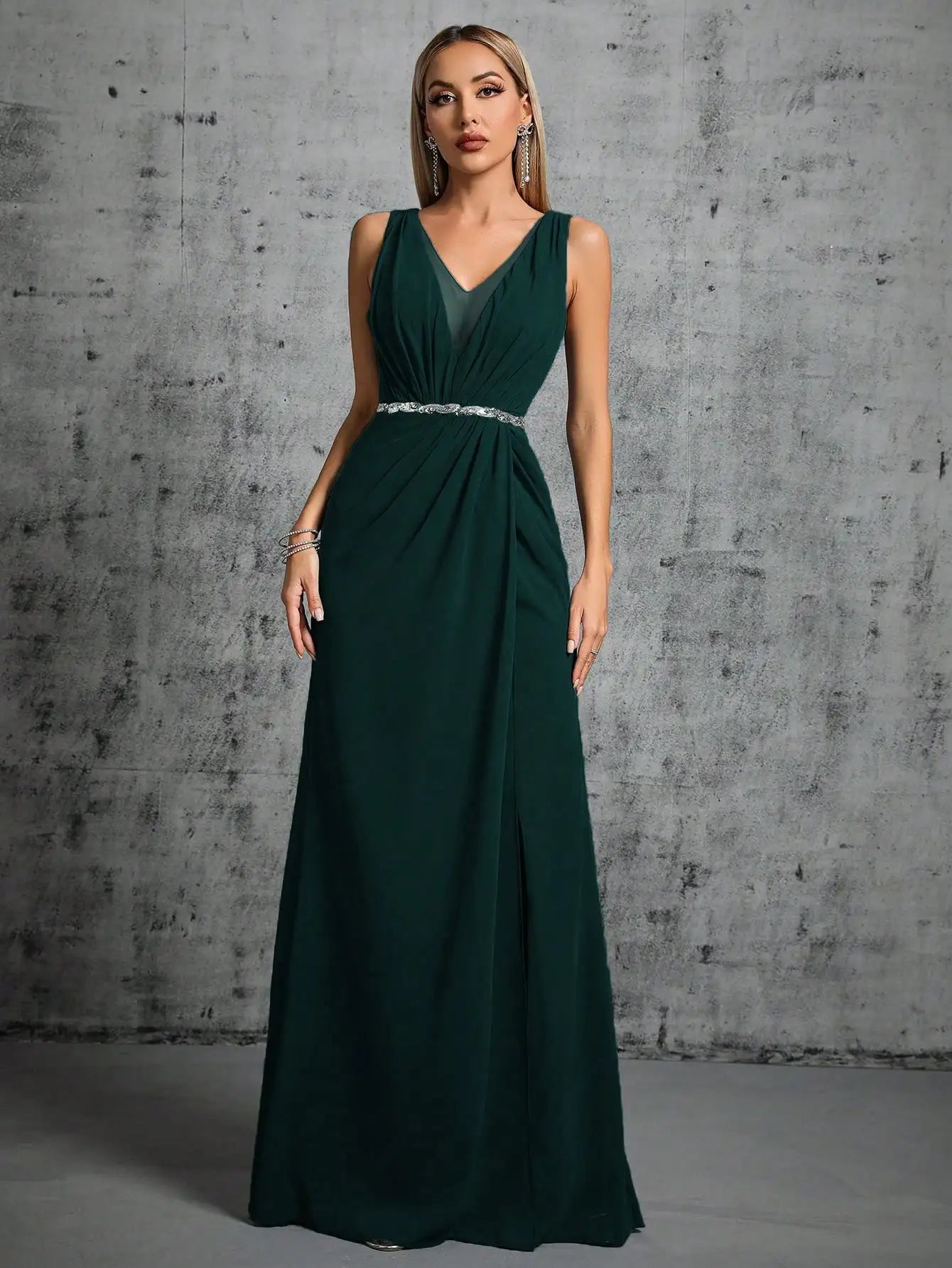 Elegant Dresses - Grecian Draped V-Neck Evening Gown with Rhinestone Belt for Prom