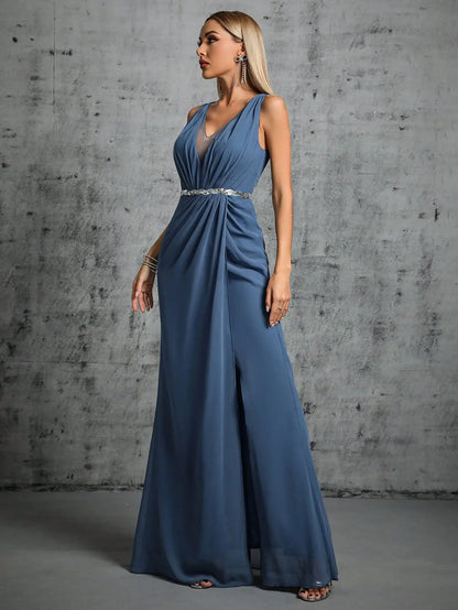 Elegant Dresses - Grecian Draped V-Neck Evening Gown with Rhinestone Belt for Prom