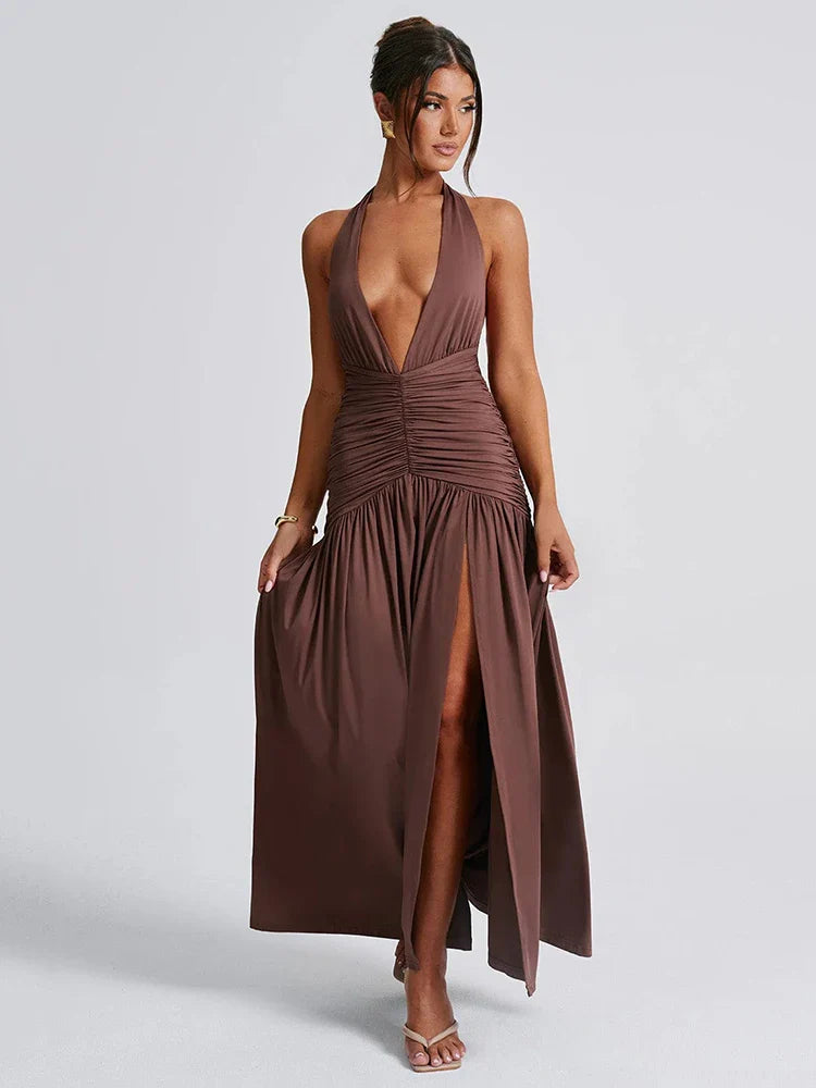 Elegant Dresses- Halter Gown Backless Plunge Slit Maxi Dress for Evening Elegance- - Pekosa Women Fashion