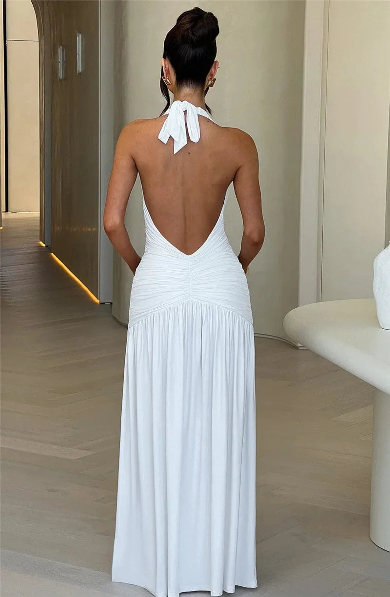 Elegant Dresses- Halter Gown Backless Plunge Slit Maxi Dress for Evening Elegance- - Pekosa Women Fashion