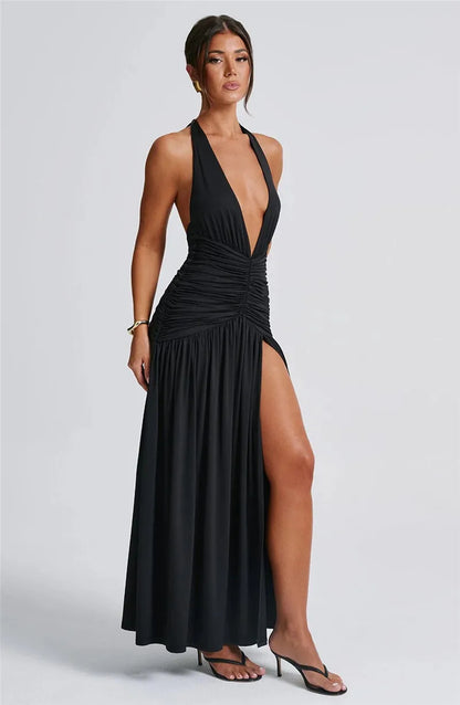 Elegant Dresses- Halter Gown Backless Plunge Slit Maxi Dress for Evening Elegance- - Pekosa Women Fashion