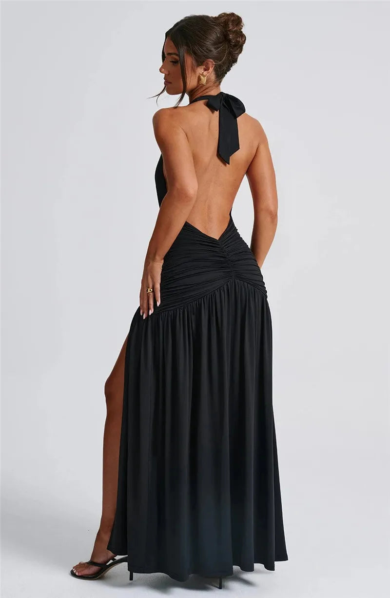 Elegant Dresses- Halter Gown Backless Plunge Slit Maxi Dress for Evening Elegance- - Pekosa Women Fashion