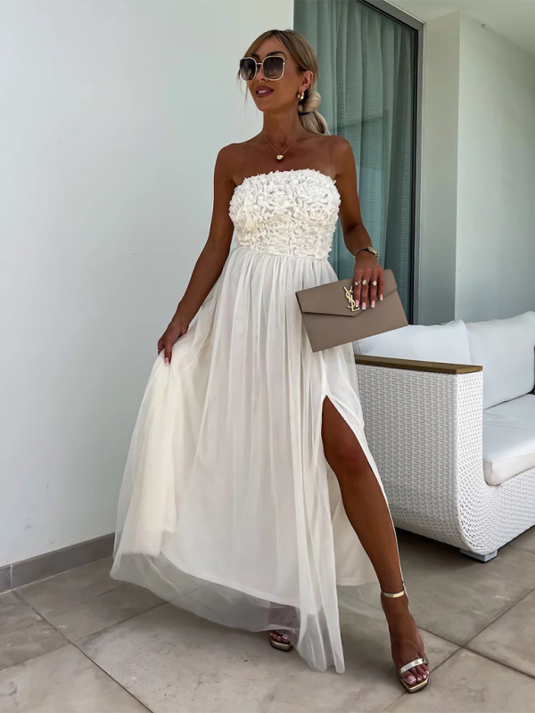 Elegant Dresses- Mesh Overlay Appliqué Tube Slit Dress for Gala Affairs- - Pekosa Women Fashion