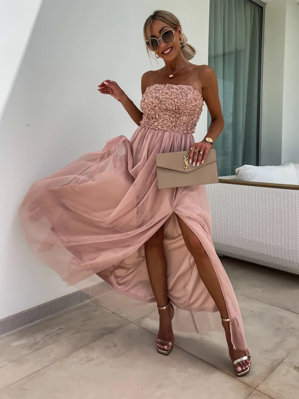 Elegant Dresses- Mesh Overlay Appliqué Tube Slit Dress for Gala Affairs- - Pekosa Women Fashion