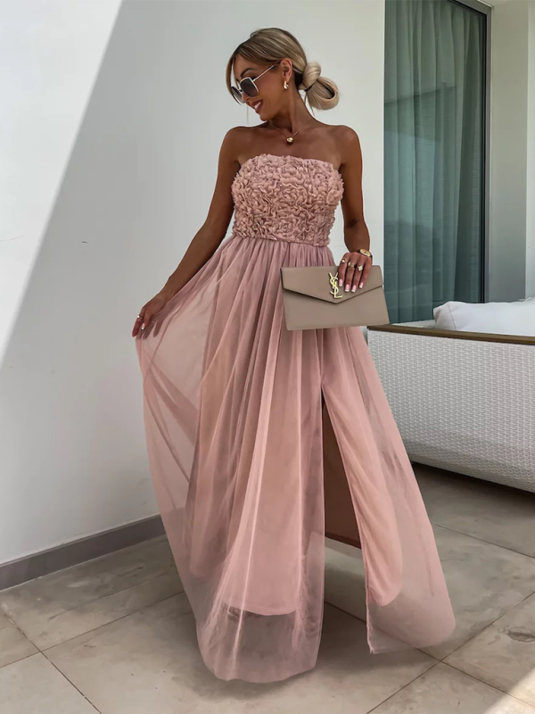 Elegant Dresses- Mesh Overlay Appliqué Tube Slit Dress for Gala Affairs- Lotus root Pink- Pekosa Women Fashion