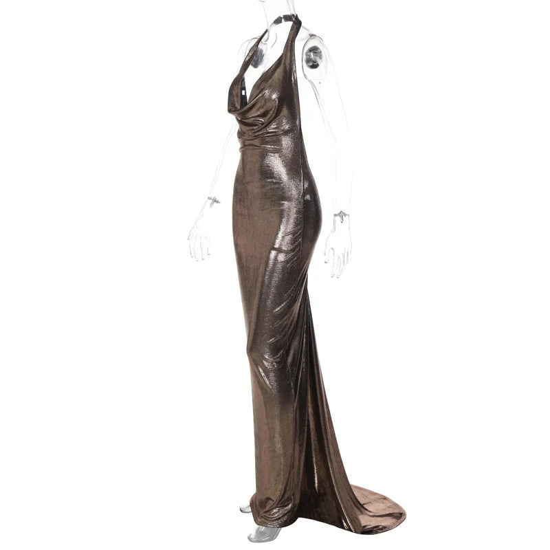 Elegant Dresses- Women's Metallic Mermaid Gown for Cocktail Events- - Pekosa Women Fashion