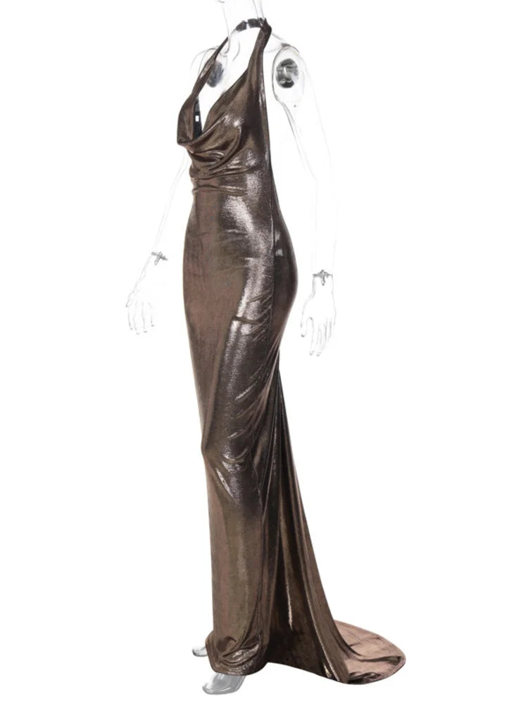 Elegant Dresses- Women's Metallic Mermaid Gown for Cocktail Events- - Pekosa Women Fashion