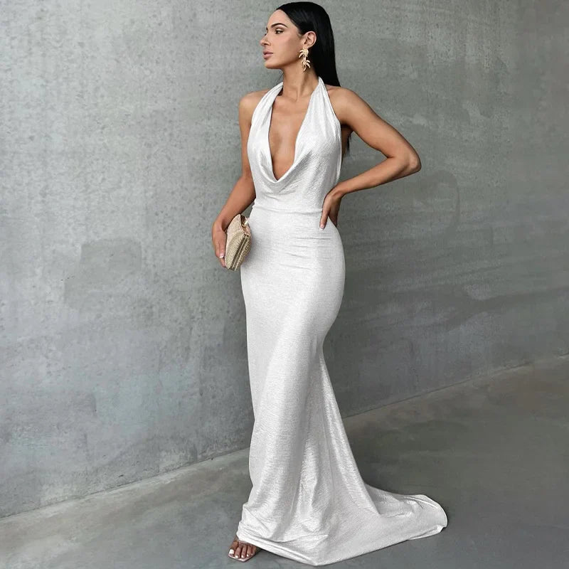 Elegant Dresses- Women's Metallic Mermaid Gown for Cocktail Events- White- Pekosa Women Fashion