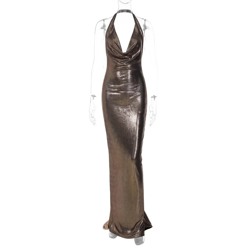 Elegant Dresses- Women's Metallic Mermaid Gown for Cocktail Events- Brown- Pekosa Women Fashion