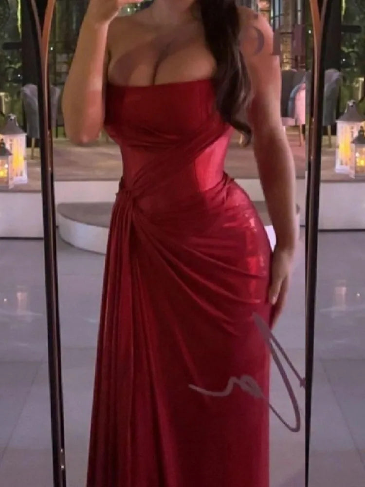 Elegant Dresses - Metallic Red Strapless Gala Gown Elegant Evening Dress