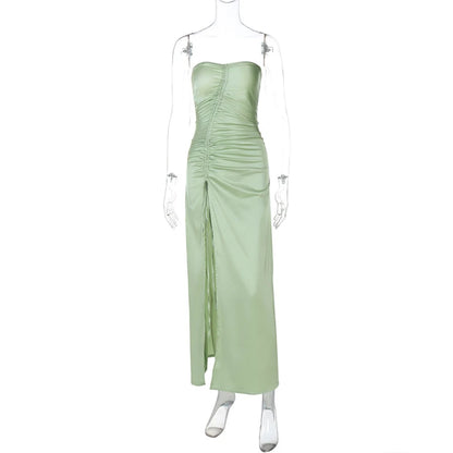 Elegant Dresses - Mint Satin Strapless Slit Dress