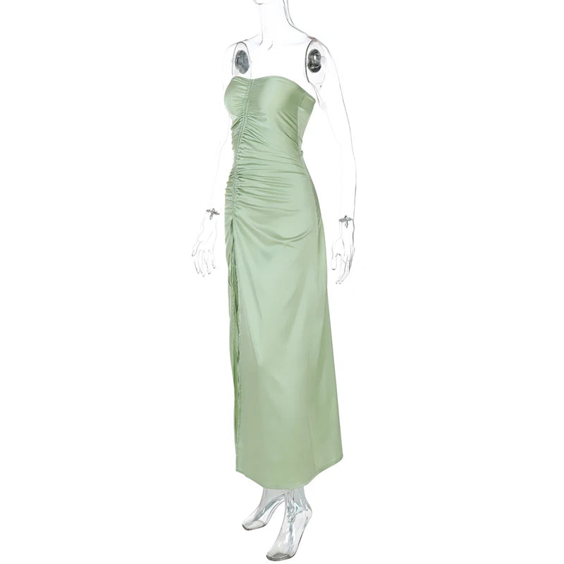 Elegant Dresses - Mint Satin Strapless Slit Dress