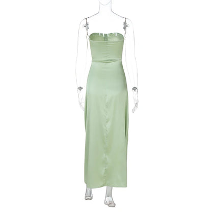 Elegant Dresses - Mint Satin Strapless Slit Dress