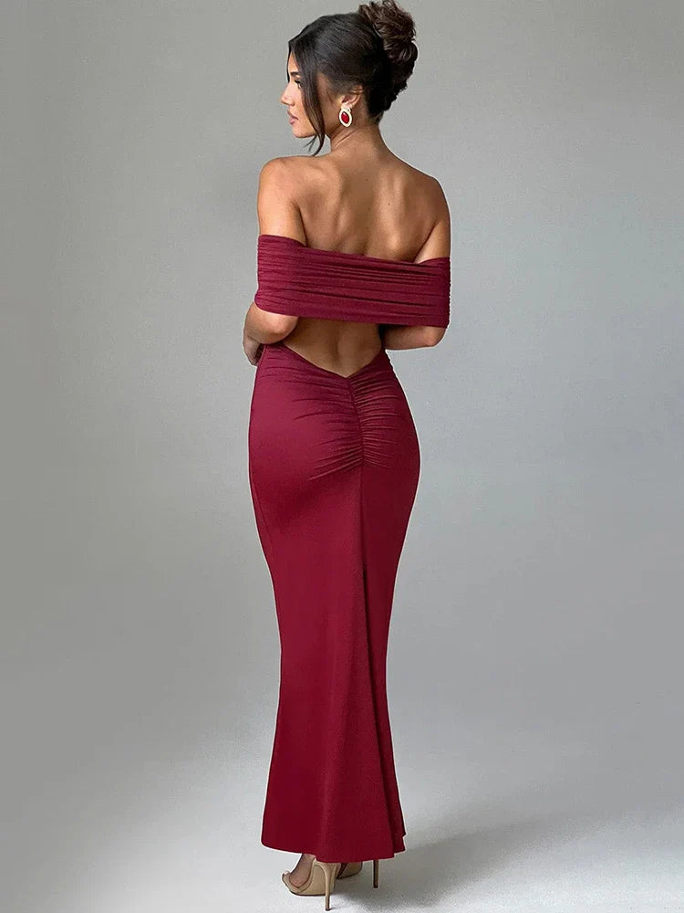 Elegant Dresses- Off-Shoulder Backless Gown - Mermaid Ruched Back Evening Dress- Wine Red- Pekosa Women Fashion