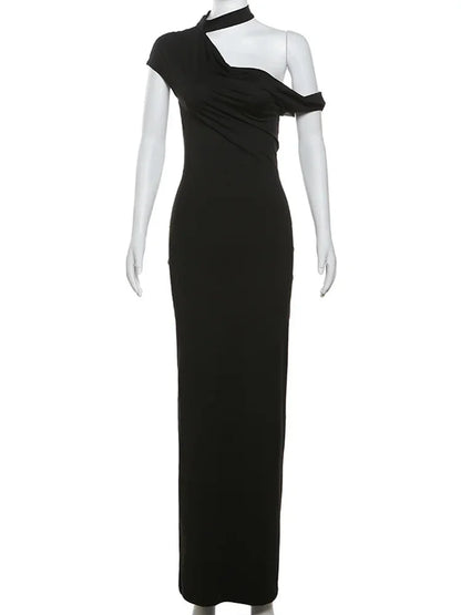 Elegant Dresses- Sheath Gown with One-Shoulder Choker for Evening Events- - Pekosa Women Fashion