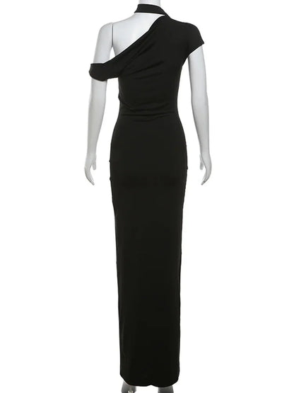 Elegant Dresses- Sheath Gown with One-Shoulder Choker for Evening Events- - Pekosa Women Fashion