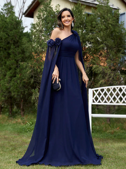 Elegant Dresses- Draping Chiffon One-Shoulder Gown for Elegant Evenings- - Pekosa Women Fashion