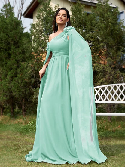 Elegant Dresses- Draping Chiffon One-Shoulder Gown for Elegant Evenings- Green- Pekosa Women Fashion