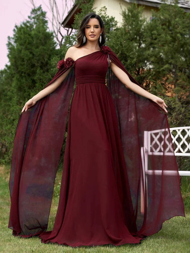 Elegant Dresses- Draping Chiffon One-Shoulder Gown for Elegant Evenings- Burgundy- Pekosa Women Fashion