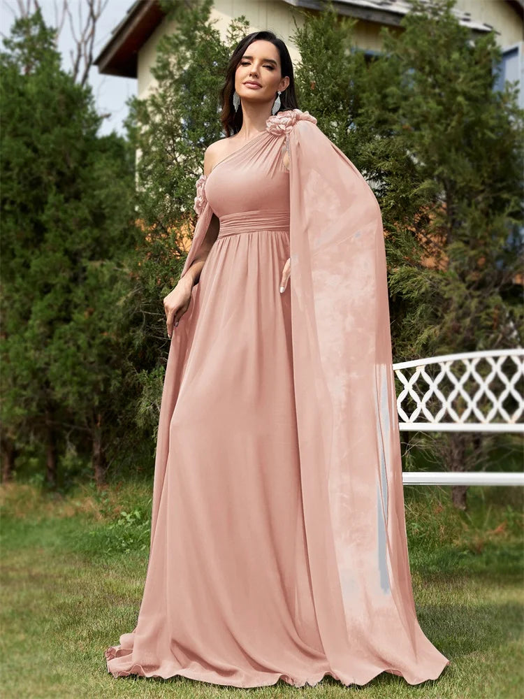 Elegant Dresses- Draping Chiffon One-Shoulder Gown for Elegant Evenings- Pink- Pekosa Women Fashion